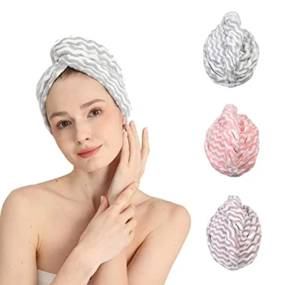 Image of Good Nite 3 Pack Microfibre Hair Drying Towel Wrap Super Absorbent Twist with Buttons Dry Turbans for Women Girl Wet