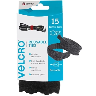 Image of VELCRO Brand VEL EC60466 ONE WRAP Black 2mm x 20cm 15 Pack Organiser Hook and Loop Straps. Reusable Assortment Cable Ties for Home &amp; Office Bundling, 12mm 15Pk