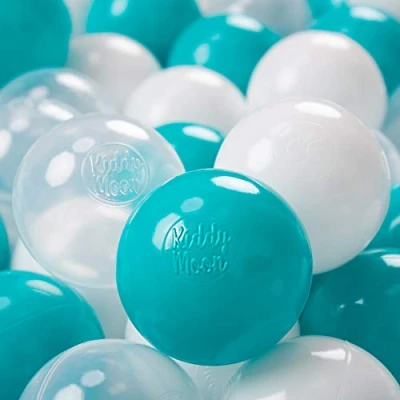 Image of KiddyMoon Soft Plastic Play Balls 200 Balls/7Cm 2.75In Multi Colour Made In EU, Turquoise/Transparent/White