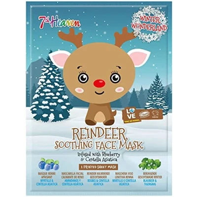 Image of 7th Heaven Winter Wonderland Reindeer Facial Sheet Mask Infused with Blueberry and Centella Asiatica to Soothe Skin Ideal for All Types (Ages 8+)