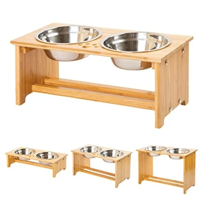 Image of FOREYY Raised Dog Bowls for Cats and Dogs Bamboo Elevated Cat Food Water Stands Feeder Dishes with 2 Stainless Steel Anti Slip Feet (Medium 18 cm high)