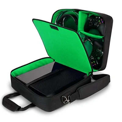 Image of USA Gear Console Carrying Case Xbox Travel Bag Compatible with One and 360 Water Resistant Exterior Accessory Storage for Controllers, Cables, Gaming Headsets Green