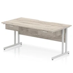 Image of Impulse 1600 x 800mm Scalloped Edge Office Desk Grey Oak Top Silver Cantilever Leg Workstation 2 1 Drawer Fixed Pedestal