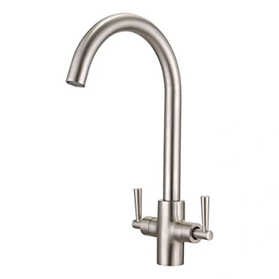 Image of Peppermint Brushed Nickel Kitchen Tap Monobloc Dual Lever Mixer Steel Sink Taps Swan Neck Twin Faucet