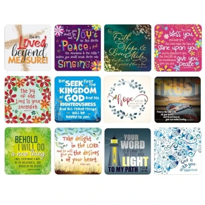 Image of Christian coasters, Pack of 12 cork each a different design, with Bible verses or inspirational words. Beautiful gifts for women men, by Just Cards Direct (C429a)