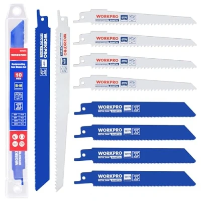 Image of WORKPRO 10 Piece Reciprocating Saw Blades Set (152mm/230mm) Sabre for Metal/Wood Cutting Bi Metal with Plastic Storage Box Compatible Most