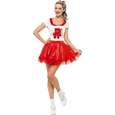 Image of Smiffys Sandy Cheerleader Costume, Red &amp; White, Skirt Top with Tulle Underskirt, Official Grease License Outfit Rodeo High Emblem for Group Costumes, Cheer Your Way Through Retro Fun!
