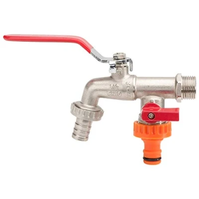 Image of Double Duo Outlet Garden Tap Ball Valve Faucet Red Handle 1/2&quot; x 3/4&quot; BSP