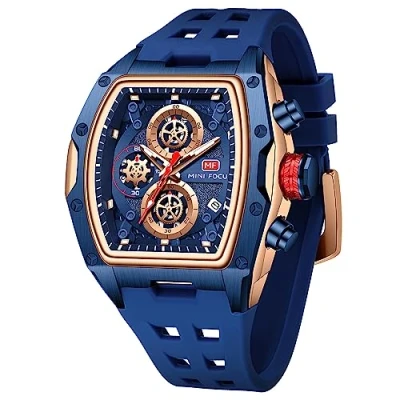 Image of MF MINI FOCUS Men&#039;s Watch Fashion Tonneau Wrist Watches (Chronograph/Waterproof/Luminous/Calendar) Silicon Strap Quartz for Men, Blue_Golden, Modern