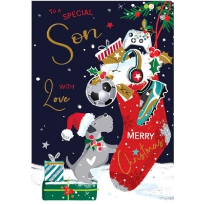 Image of Son Christmas Card Special Stocking and Dog Artistic Festive Design Finishes Illustrated Insert Leaf Made in the UK