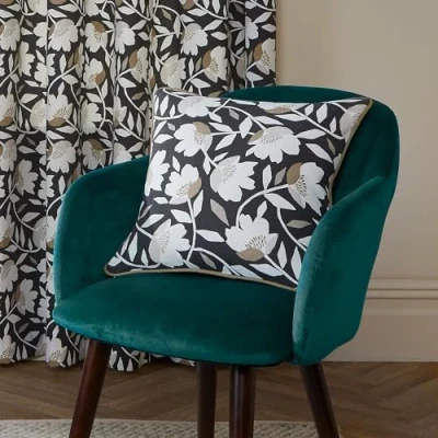 Image of Fusion Black Floral Cushion (43 x 43cm) 100% Cotton Filling Included Piped Edge White Flower with Covers Included/Cushion Inserts Vintage Flowers
