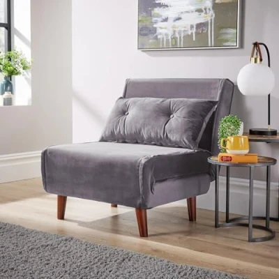 Image of Home Source Single Sofa Bed Futon Chair with Pillow, Folding Recliner Settee, Grey Velvet
