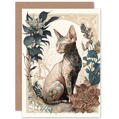 Image of Artery8 Sphynx Cat with Flower Blooms Modern Art Nouveau Portrait Illustration Birthday Sealed Greeting Card Plus Envelope Blank inside