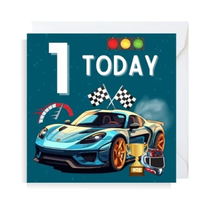 Image of Second Ave Racing Car 1st Birthday Age 1 Square Children&#039;s Kids Greeting Card for Boy or Girl