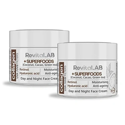 Image of RevitaLAB Day and Night Collagen Anti Ageing Moisturiser, Enriched with Hyaluronic Acid, Superfoods, Vitamins a UVA/UVB Filter, for Ages 30 45, 50 ml (Multipack)