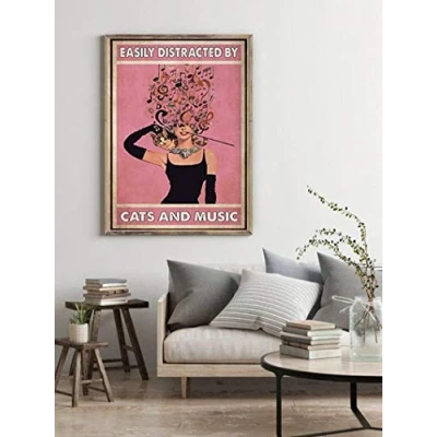 Image of Inga Easily Distracted By Cats And Music Poster Cat Lovers Gift Wall Home Decor Funny Metal Signs 8x12 inch