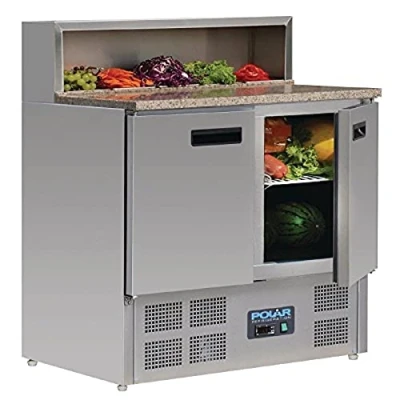 Image of Polar Refrigeration G Series 230W Pizza Food Prep Double Door Counter Fridge 288 Litre, Granite Worktop, Stainless Steel, 2C to 8C, 1100(H)x900(W)x700(D)mm, 2 Shelves, Fan Assisted Cooling G603