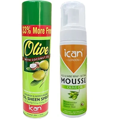 Image of Set of ican London Olive Oil Moisturizing Sheen Spray With Coconut 500ml + Hold &amp; Shine Wrap Mousse 207ml