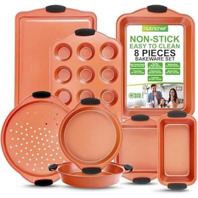 Image of NutriChef NCSBS52S Flexible &amp; Nonstick Carbon Steel Bakeware Professional Home Kitchen Bake Pan Set with Black Silicone Handles, Copper