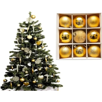 Image of UKDD® Set of 9 Premium Baubles Luxury Christmas Tree Bauble Decorations Matte, Glitter, shiny (Gold)