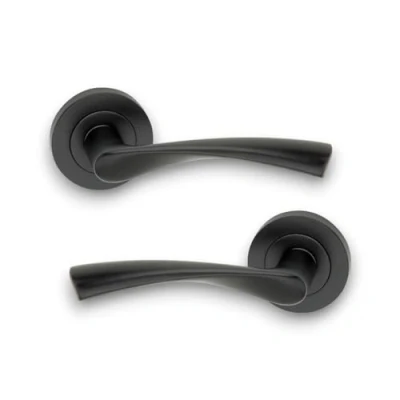 Image of Infinity Decor Pair of Twisted Lever Latch Door Handles on Round Rose Set Matt Black Interior Pull Ideal for Residential and Office use