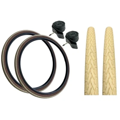 Image of Baldy&#039;s PAIR 700 x 35c CREAM with BROWN WALL Slick Road Tread Tyres &amp; Presta Valve Inner Tubes For Hybrid Trekking Bikes (Pack of 2)