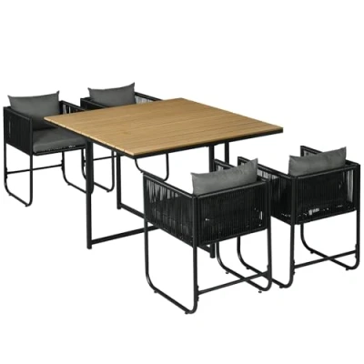 Image of Outsunny 4 Seater Rattan Cube Garden Furniture Set, Dining Set with Cushions, Outdoor Table and Chairs Rectangular Wood Grain Plastic Top for Patio, Balcony, Black