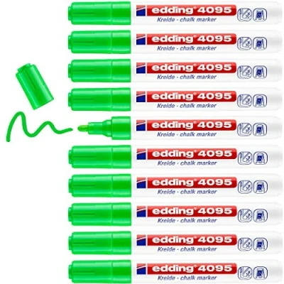 Image of edding 4095 chalk marker light green 10 pens round tip 2 3 mm medium tipped wet wipe pen for chalkboards, windows, glass, mirrors liquid opaque coverage