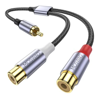 Image of MOSWAG RCA Splitter 1 Male to 2 Female, Y Cable Audio Video Adapter Extension Cord Compatible with subwoofers, Speakers, Home theatres, HDTVs, Gaming consoles(0.65ft/20cm)
