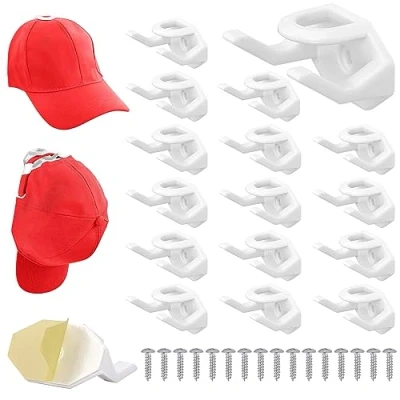 Image of BELLE VOUS 16 Pack of White Self Adhesive Hat Hooks Wall Mounted Display Holders for Baseball Caps &amp; Hats Minimalist No Drilling Strong Organiser Rack Bedroom Wall, Door, Closet or Office