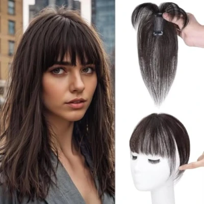 Image of Clip in Bangs, Fringe Human Hair, Real Hair Extensions, on Air Bangs for Women Hairpieces Curved Daily Wear, B, brown black