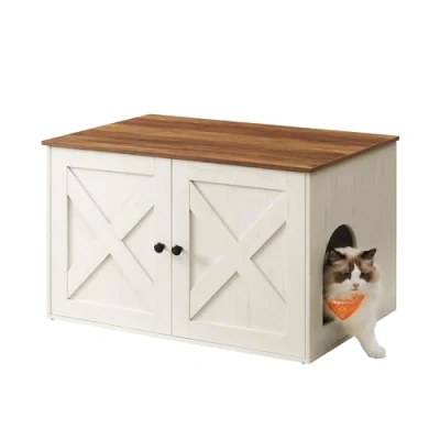 Image of Feandrea Cat Litter Box Enclosure, Hidden Furniture with Removable Divider, End Table, Indoor House, 80 x 53 50 cm, Honey Brown and Rustic White PCL002P01V1