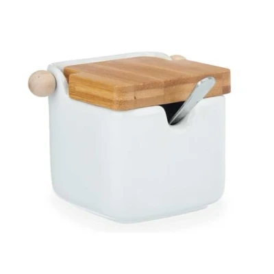 Image of Vessia Ceramic Sugar Bowl with Bamboo Lid Spoon Container 10 x 8 cm Pot White, 90963