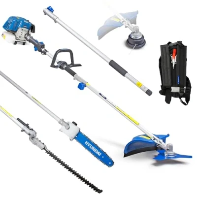 Image of Hyundai 52cc Long Reach 5 in 1 Petrol Garden Multi Tool with 430mm Grass Trimmer, 425mm Hedge 10&quot; Chainsaw, Brushcutter 3 Year Warranty, Blue