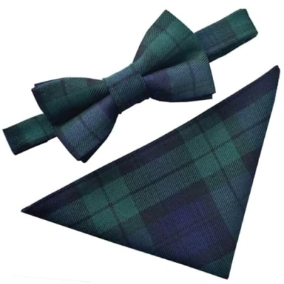 Image of Black Watch Tartan Scottish Plaid Bow Tie &amp; Hanky Set