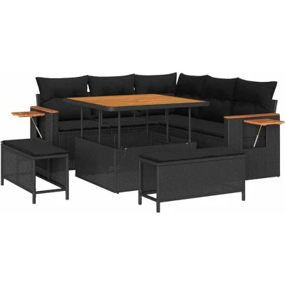 Image of vidaXL 8 Piece Garden Sofa Set with Cushions Black Poly Rattan Acacia