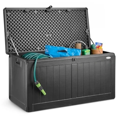 Image of CHRISTOW Waterproof Garden Storage Box With Lockable Lid, Plastic Wood Effect Outdoor Box, Aluminium Hinges, 190L
