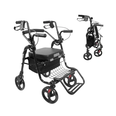 Image of KMINA Walker with Seat and Wheels, Wheelchair Duo, Rollators 4 Wheel Folding Lightweight, Rollator Hybrid, 2 in 1 &amp; Wheelchair, Black