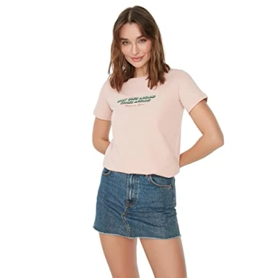Image of Trendyol Women&#039;s Woman Regular Standard Crew Neck Knit T shirt Shirt, Powder, XS UK