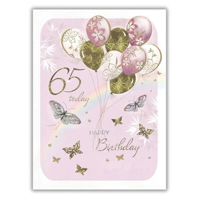 Image of Noel Tatt Female Milestone Birthday Card for Women Age 65 Floral Balloons, Butterflies &amp; Rainbow Eco Friendly Recyclable Made in England