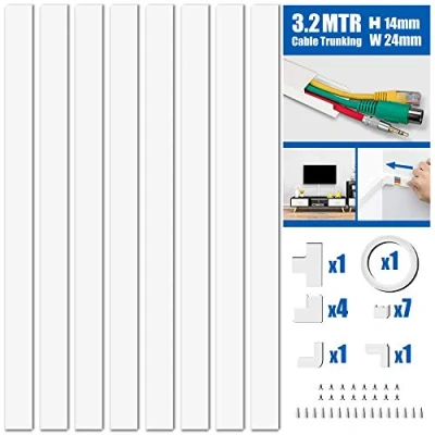 Image of MUDEELA Cable Trunking Kit, for TV Cables, Self Adhesive Wall Tidy, Wire Covers Wall, Management to Hide Mount Powers Cords in Home Office, 8X L400mm, W24mm H14mm, White