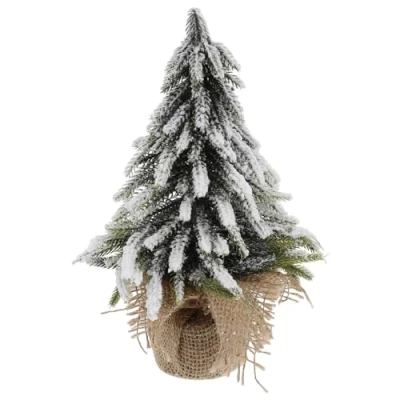 Image of 8 Inch Artificial Mini Christmas Tree, Snow Flocked Pine Xmas Tabletop Tree with Burlap Base