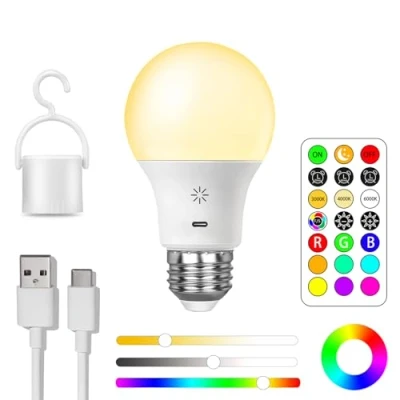 Image of USB Rechargeable Light Bulb With Remote Control, 8W Smart RGB Color Changing Bulb, 9+3 Temperature, E27 LED Dimmable Touch Control Bulbs Timing Function, 2600mah Battery Powered, A19,1 PACK