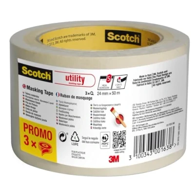 Image of Scotch Utility Masking Tape, Promo Pack of 3 Rolls, 24 mm x 50 m, Beige Painters Tape for Indoor Painting and Decorating, 70% PEFC