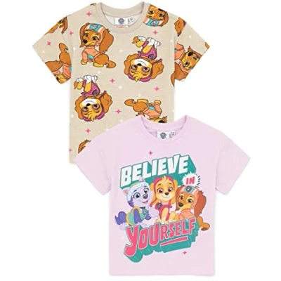 Image of Paw Patrol Girls T Shirt Pack of 2 Kids Multicoloured Rescue Pups Graphic Tee Short Sleeve Multi Set Liberty, Skye &amp; Everest Believe in Yourself Top Merchandise Gift Bundle for Children