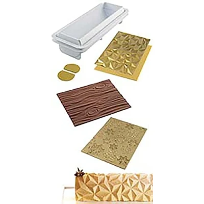 Image of Silikomart 25.008.99.0082 Set KIT Diamond Frozen BUCHE Magic Wood MAT of 4 Silicone Moulds, White, Gold and Brown 80 x 250 H 67 mm, Plastic