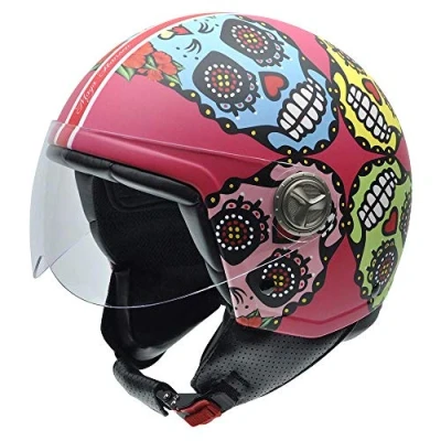 Image of NZI Zeta Motorcycle Helmet, Pink background &amp; Mexican Skulls, 58