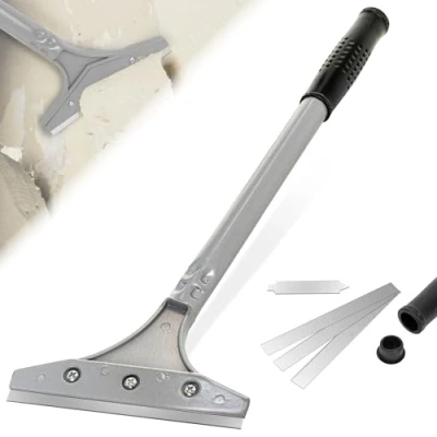 Image of BLOSTM 5&quot; Wallpaper Scraper Long Handle Heavy Duty Tool with 5 Inch Blade &amp; Soft Grip, Wide Head Tile Removes Wallpaper, Vinyl Flooring, Tiles, Paint More Includes 3 Spare Blades