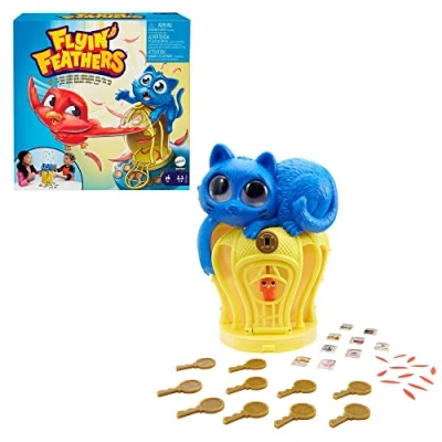 Image of Mattel Games Flyin Feathers Kids Game with Toy Cat &amp; Bird in Birdcage, 2 to 4 Players, Gift Ages 5 Years Older