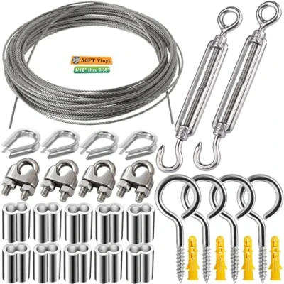 Image of Roxanned 15m/2mm Wire Rope Kit,PVC Coated Stainless Steel Metal Cable,Garden For Climbing Plants Heavy Duty Turnbuckle Tensioner Kit,Cable Railing Kit,Catenary Kit